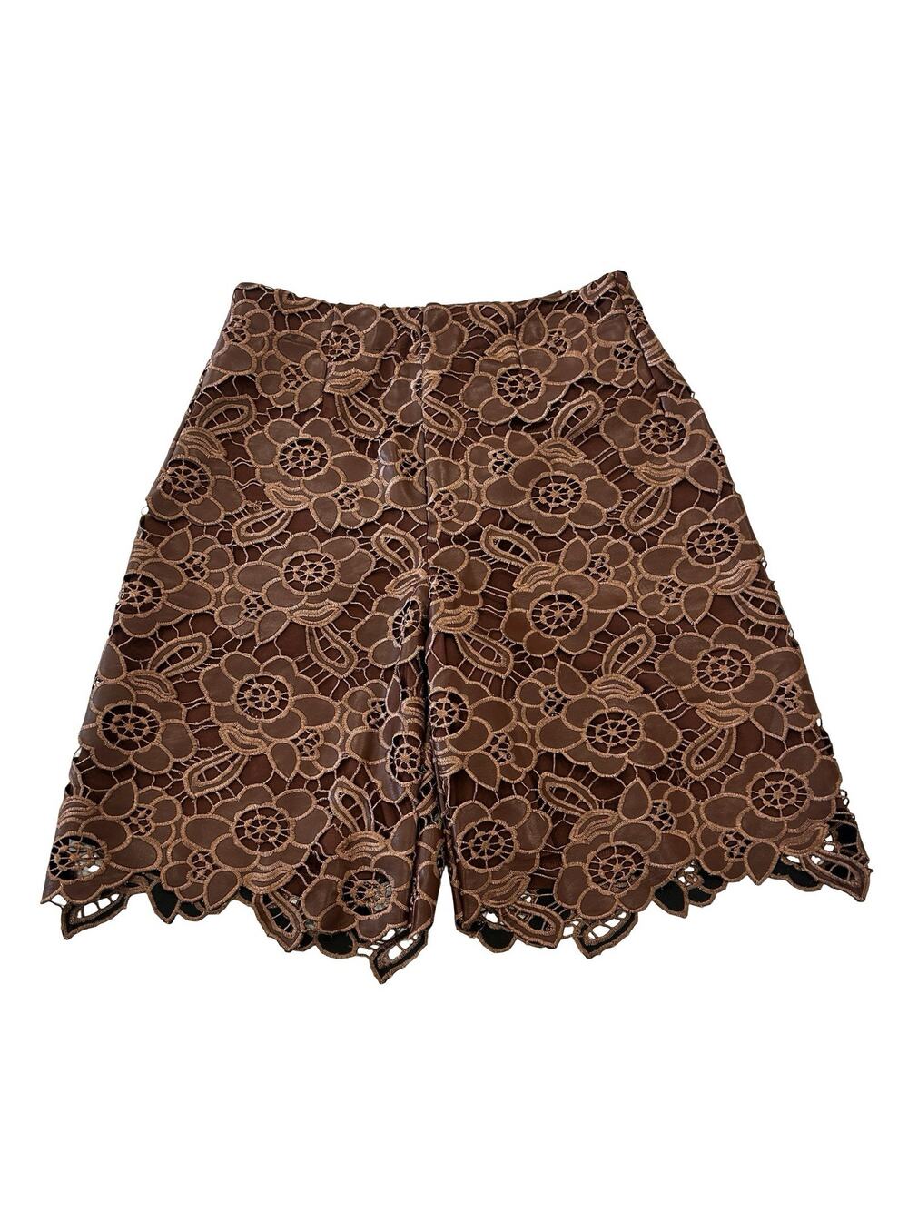 Anthropologie Coco Floral Lace Faux Leather Shorts Size 2 Plum Brown